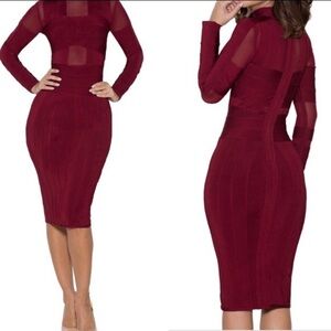 BRAND NEW House of CB Red Bodycon Dress with Long Sleeves and Sheer Detail